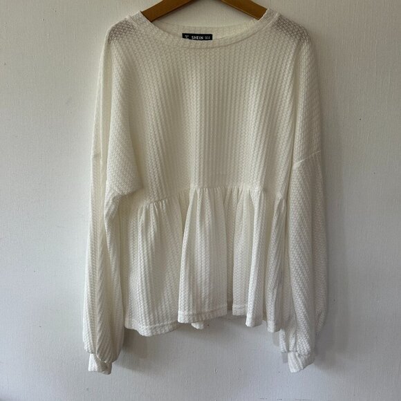 SHEIN Tops - SHEIN Peplum Top Womens XS White Waffle Texture Long Sleeve Minimalist
